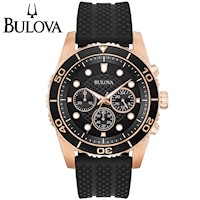 Reloj Bulova 98A192 Cronometro Correa De Silicona Negro Acero Inoxidable Oro Rosado