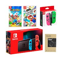 Nintendo Switch 2019 Neon + Combo Mario Party + Mario Rabbids + Lamina