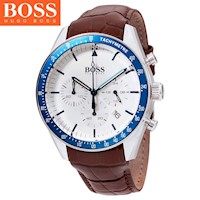 Reloj Hugo Boss Trophy 1513629 Fecha Cronometro Correa de Cuero Marrón Dial Blanco