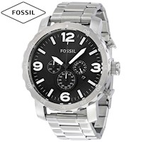 Reloj Fossil Nate JR1353 Genuino Cronometro Fecha Acero Inoxidable Plata Negro