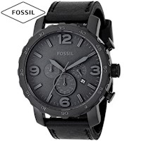 Reloj Fossil Nate JR1354 Fecha Cronometro Acero Inoxidable Correa Cuero Negro
