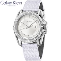 Reloj Calvin Klein Earth K5Y31VK6 Suizo Fecha Acero Inoxidable Correa De Nailon Blanco