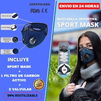 Mascarilla Deportiva KN95 + 1 Filtros de Carbono - PM2.5 + 2 Válvulas AZUL