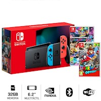 Nintendo Switch 2019 Neon Bateria Extendida + Super Mario Odyssey + Mario kart 8