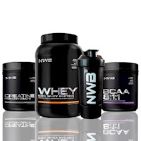 PACK NWB WHEY CONCENTRATE 3LB CHOCOLATE+BCAA 8:1:1 600GR+CREATINA 600GR+SHAKER