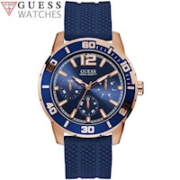 Reloj Guess Trek U1250G2 W1250G2 Multifuncional Acero Inoxidable Oro Rosado Silicona Azul