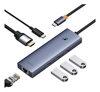ADAPTADOR BASEUS USB-C HUB HDMI4K RJ45 MACBOOK APPLE 6EN1 COLOR GRIS OSCURO