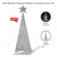 Árbol Navideño Triangular Plateado con Estrella y Luces LED de 1.8m