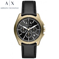 Reloj Armani Exchange Giacomo AX2854 Fecha Cronómetro Acero Inoxidable Dorado Cuero Negro