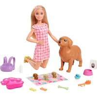 BARBIE Y CACHORROS RECIÉN NACIDOS CON FUNCIÓN DE PARTO 3 CACHORROS Y ACCESORIOS DE NUTRICIÓN