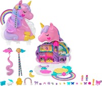 Polly Pocket Viaje 2 en 1: Cabeza de Salón Unicornio Arcoíris, 20+ acc