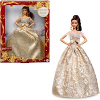 Barbie moda navideña 2025 cabello castaño vestido plateado dorado