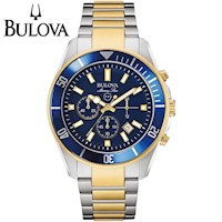 Reloj Bulova Marine Star 98B230 Fecha Cronómetro Acero Inoxidable Plateado Dorado Dial Azul