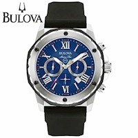 Reloj Bulova Marine Star 98B258 Para Hombre Fecha Cronometro Silicona Negro Dial Azul