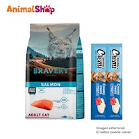 Comida De Gato Adulto Bravery Salmón 2 Kg + 2 Cremi