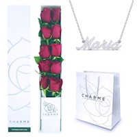 Caja de 10 Rosas  + Collar de Plata con Nombre Personalizado