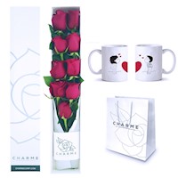 Caja de 9 Rosas  + 2 Tazas Blancas Personalizadas