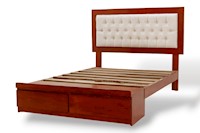 CAMA DE MADERA + CABECERA CAPITONEADA 2 PLAZAS / COLOR BEIGE