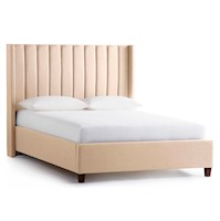 Cama Tapizada Listón Beige con Patas de Madera 2 Plazas