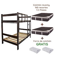 COMBO DORMITORIO CAMAROTE DE MADERA COLOR NOGAL DE 1.5 PLAZAS + 2 COLCHONES