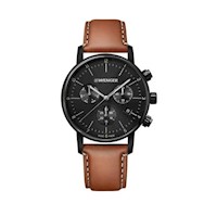 RELOJ URBAN CLASSIC CHRONO CORREA DE CUERO COLOR MARRÓN, DIAL NEGRO, WENGER