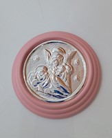 Medalla de Cuna en Madera Rosado con Aplique de Angel de la Guarda