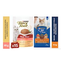 CAT CHOW DELIMIX 15KG + ALIMENTO HÚMEDO FANCY FEAST DEMI GLACE SALMON (X 15)