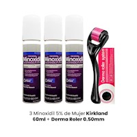 3 Minoxidil 5% de mujer kirkland 60ml + Derma Roller 0.50mm