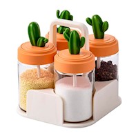 Set de 4 Condimenteros con Cuchara + Base Diseño Cactus