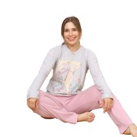 Pijama Polo Pantalón Dama Pima Rabbit - Melange/Rosado