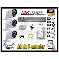 Kit 3 Cámaras de Seguridad Exterior Hikvision Hd 720P P2p mas Disco 500Gb