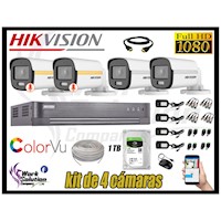 CÁMARAS SEGURIDAD EXTERIOR TUBO KIT 4 1080P COLORVU NOCHE COLOR + DISCO 1TB