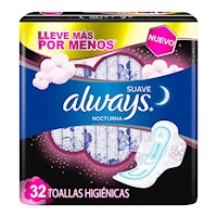 Always Toallas Higiénicas Nocturna Suave con Alas 32 unid