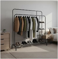 Colgador Perchero de Metal con Ruedas con Doble Barra y 5 Repisas 160x110x56cm