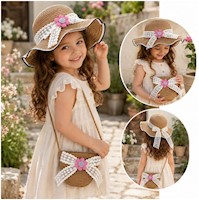 Set Infantil Cartera y Sombrero de Paja Para Niña Diseño Floral