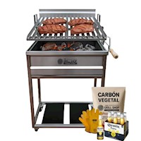 Parrilla a carbón de Acero Inox regulable + Guantes + carbón + cerveza