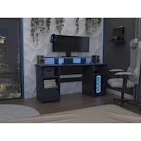 ESCRITORIO GAMER RECTO CON NIVEL PARA MONITOR 1 PUERTA KERIA - NEGRO / CANTO AZUL | TUHOME