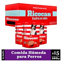 Pack Caja x15 Comida Húmeda Perro Ricocan Carne 100gr