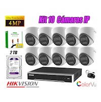 Kit 10 Cámara Seguridad Hikvision IP POE 4MP Color Vu Domo Visión Color Disco 2TB
