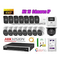 Kit 16 Cámara Seguridad Hikvision IP POE 4MP ColorVu 1 Cámara PTZ Detección Persona 1TB