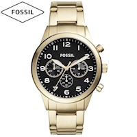 Reloj Fossil Flynn Pilot BQ2121 Cronómetro Acero Dorado Dial Negro