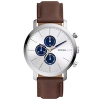 Reloj Fossil Luther BQ2687 Hombre Cronómetro Correa Cuero Marron Dial Plateado