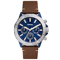 Reloj Fossil Bannon BQ2692 Multifuncional Acero Inoxidable Azul Correa de Cuero Marron Dial Azul