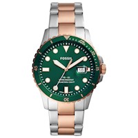 Reloj Fossil FB-01 FS5743 Hombre Fecha Acero Inoxidable Plateado Oro Rosado Dial Verde