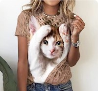 Blusa De Manga Corta Con Cuello Redondo Diseño Gatito - L