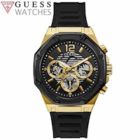 Reloj Guess Momentum GW0263G1 Multifuncional para Hombre Acero Inoxidable Dorado Silicona Negro