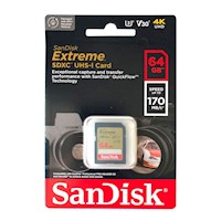 SANDISK MEMORIA SD EXTREME 64GB 4K UHS-I CLASE-10 U3 170MBS AMARILLA