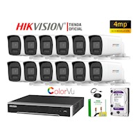 Kit 12 Cámara Seguridad IP POE Hikvision 4MP Tubo Color Vu Visión Noche Color Disco 2TB