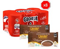 8 six pack de Leche Evaporada Light gloria 400gr  + 2 Chocolate Taza Slender
