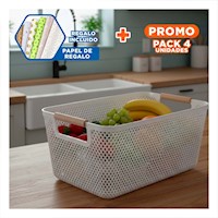 Pack4 Contenedor Versatil Malla con Asas de Madera Plomo Claro Rectangular Y+Papel Regalo